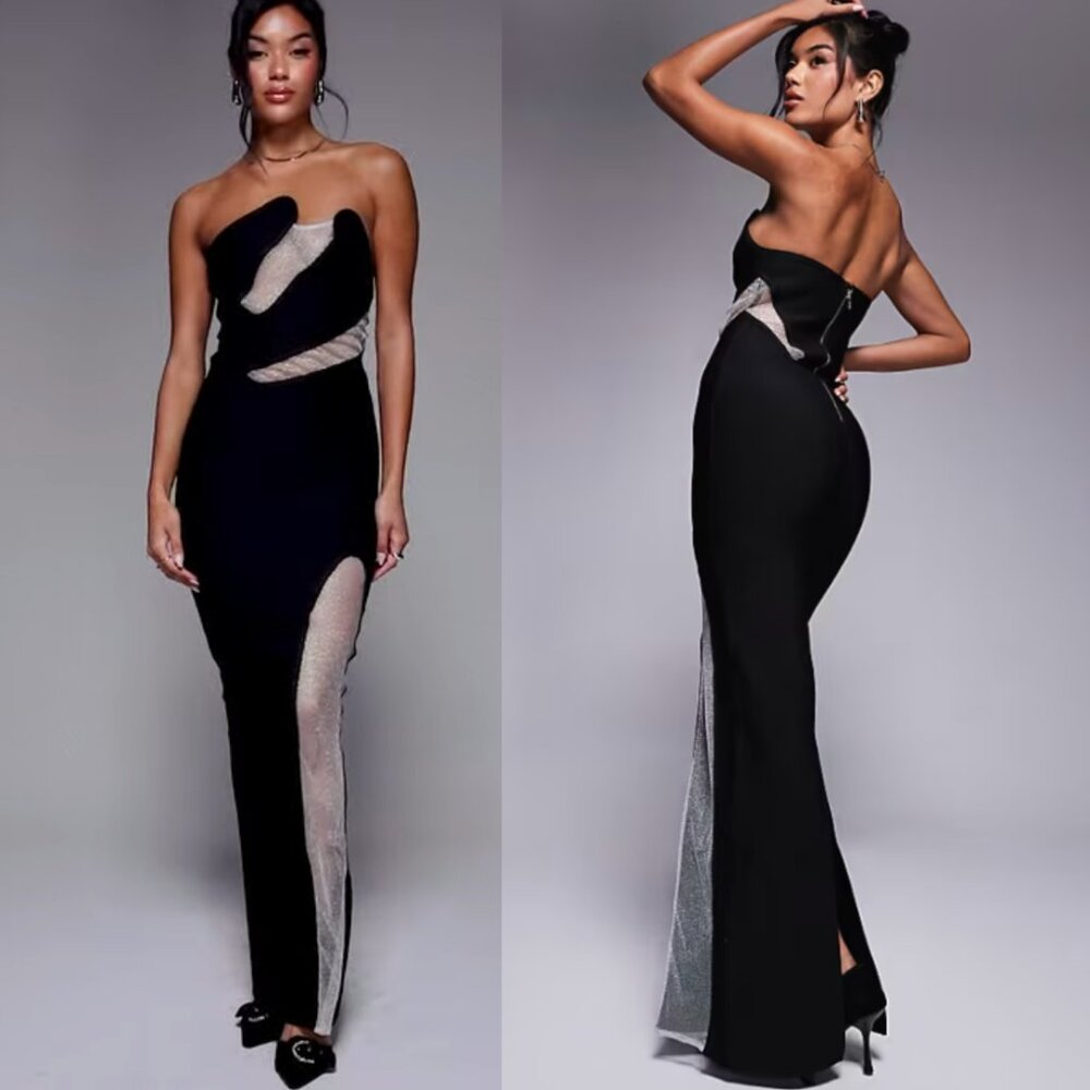 ASOS DESIGN Bandeau Metallic Mesh Cutout Maxi Evening Dress, Black, 10 NWT